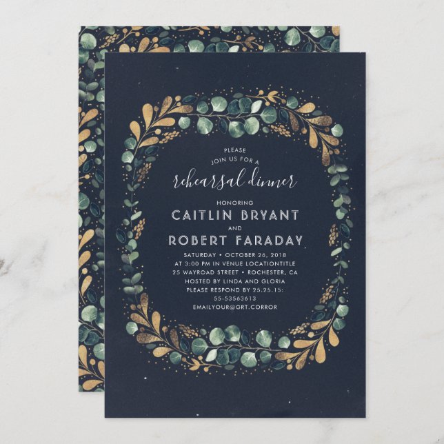 Navy Blue Green and Gold Greenery Rehearsal Dinner Invitation (Front/Back)