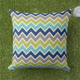 Navy Blue Green and Grey Chevron   Throw Pillow