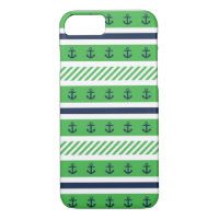 Navy Blue, Green and White Anchors Pattern