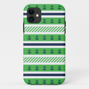 Navy Blue, Green and White Anchors Pattern iPhone 11 Case