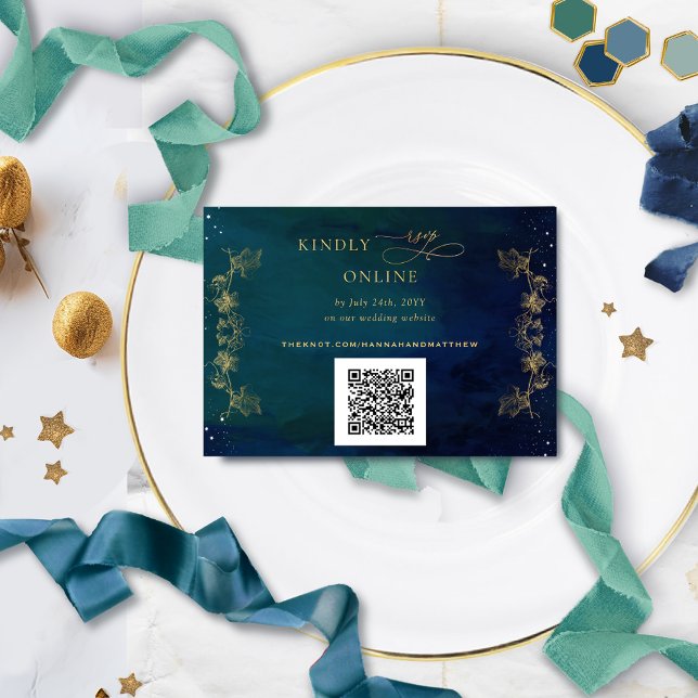 Navy, Blue, Green Celestial QR Code RSVP Wedding Enclosure Card (Creator Uploaded)