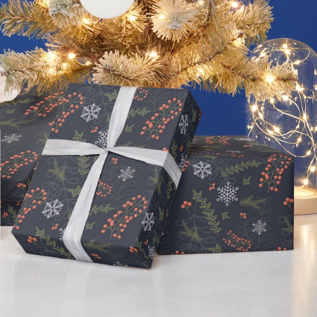 Navy blue green foliage red berries snowflake wrapping paper (Holidays)
