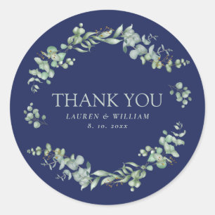 Navy Blue Green Greenery Wedding Thank You Classic Round Sticker