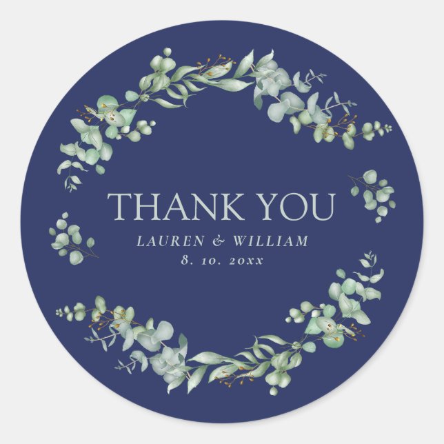 Navy Blue Green Greenery Wedding Thank You Classic Round Sticker (Front)