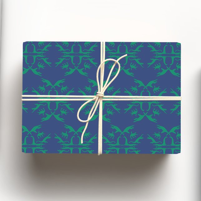 Navy Blue & Green Loch Ness Monster Damask Wrapping Paper Sheet (Creator Uploaded)