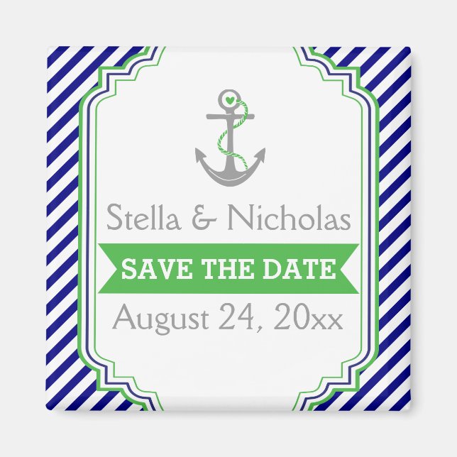 Navy blue, green nautical wedding Save the Date Magnet (Front)