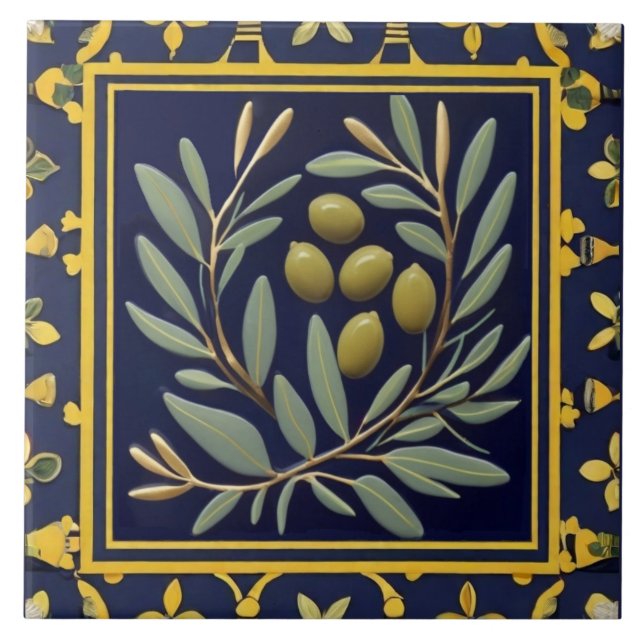 Navy Blue Green Olives Mediterranean Olive Branch Tile (Front)