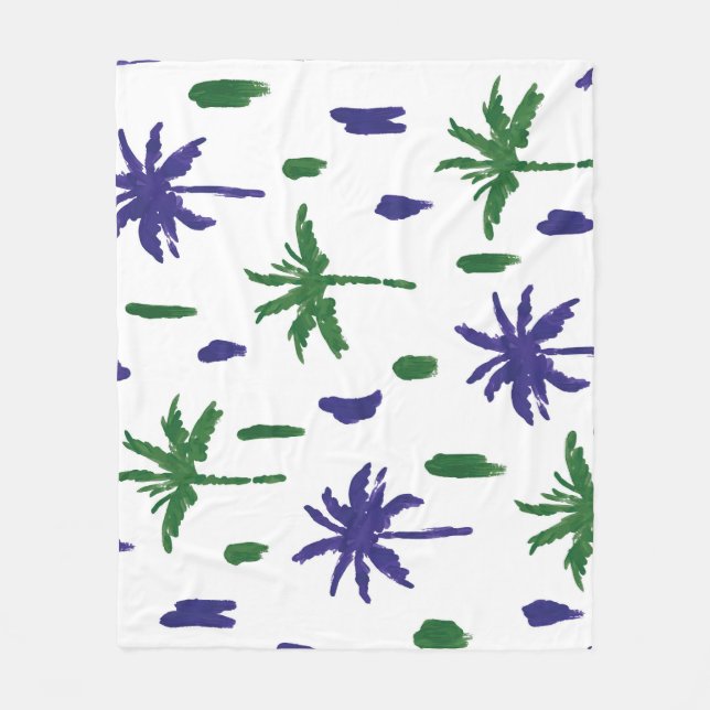Navy Blue Green Palm Pattern Fleece Blanket (Front)