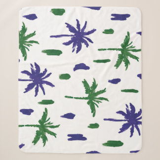 Navy Blue Green Palm Pattern Sherpa Blanket