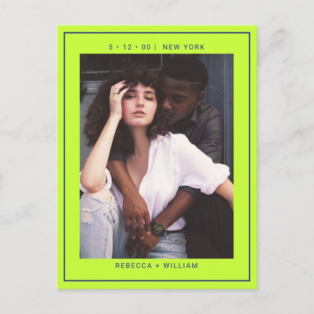 Navy blue green simple photo wedding save the date postcard (Front)