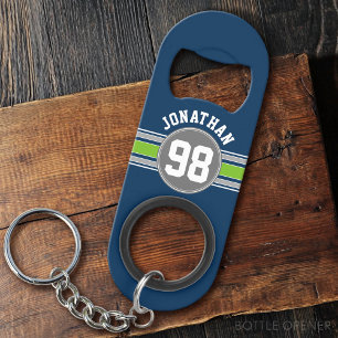 Navy blue Green Sports Jersey Stripes Name Number Keychain Bottle Opener
