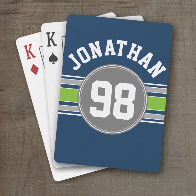 Navy blue Green Sports Jersey Stripes Name Number Playing Cards (Personalized Playing Cards - Sports Jersey Design)