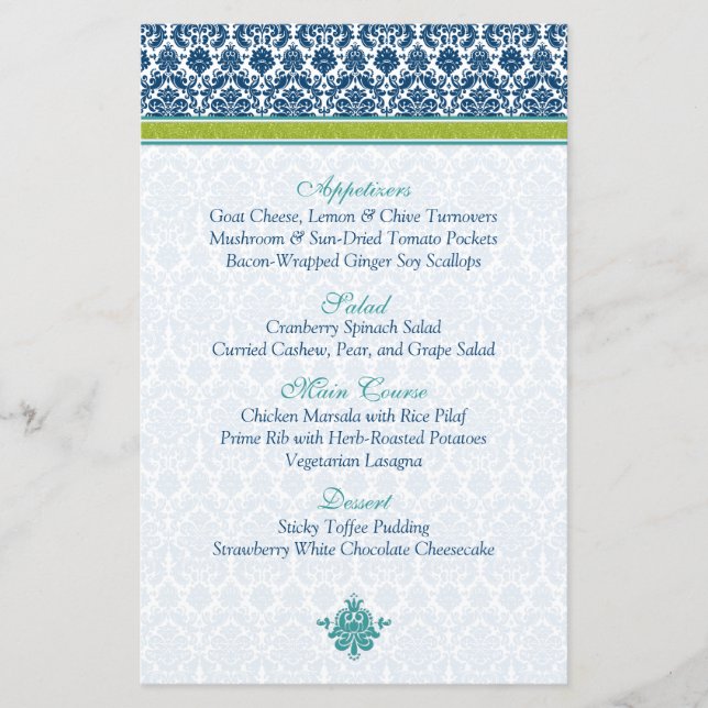 Navy Blue Green Teal Damask Menu Card (Front)