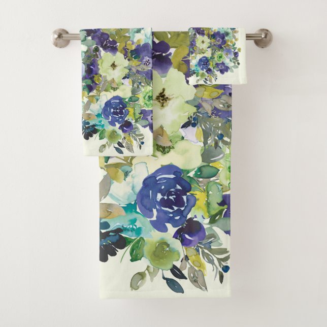 Navy Blue Green Watercolor Floral Bath Towel Set (Insitu)