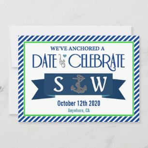 Navy Blue Green White Nautical Wedding Invitations