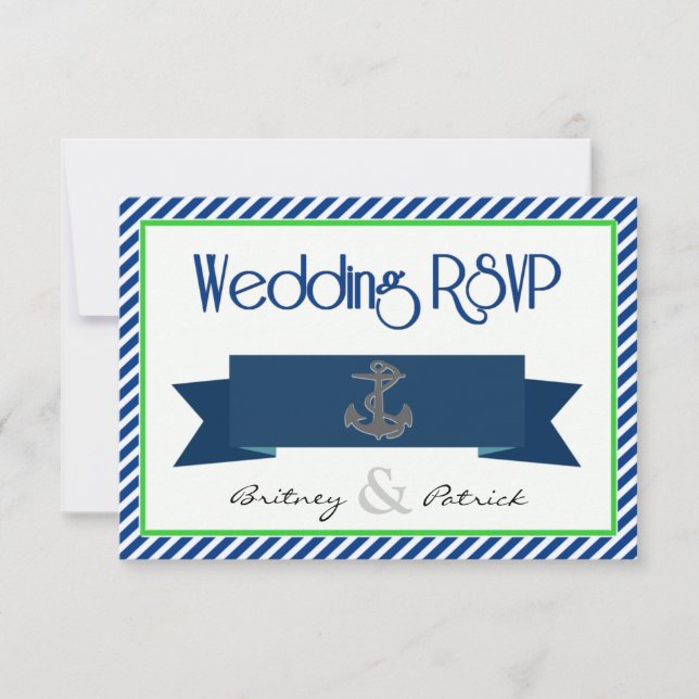 Navy Blue Green White Nautical Wedding RSVP Cards (Front)