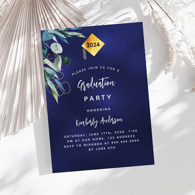 Navy blue greenery 2024 luxury graduation party invitation (Creator Uploaded)