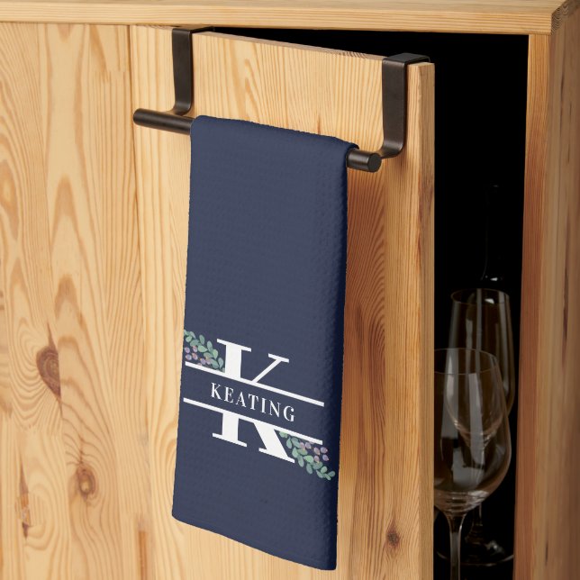 Navy Blue Greenery & Berries Monogram  Kitchen Towel (Thirds Fold)