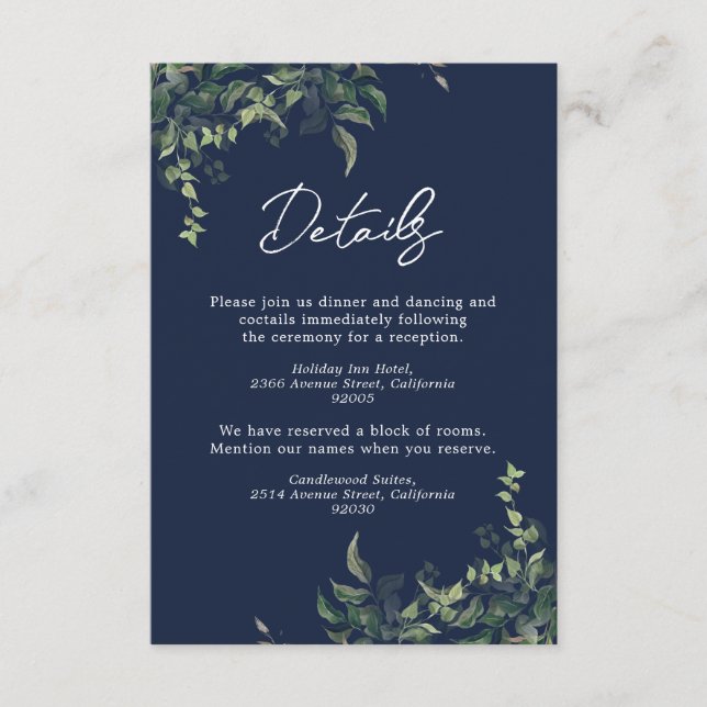 Navy Blue Greenery Botanical Watercolor Wedding Enclosure Card (Front)