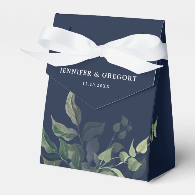 Navy Blue Greenery Botanical Watercolor Wedding Favor Box (Front Side)