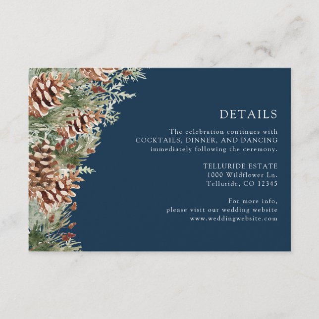 Navy Blue Greenery Details Enclosure Card (Front)