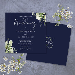 Navy Blue Greenery Floral Monogram Square Wedding Invitation