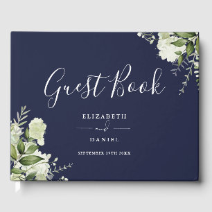 Navy Blue Greenery Floral Photo Wedding Guest Book