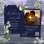 Navy Blue Greenery Floral QR Code Photo Wedding Invitation<br><div class="desc">This elegant navy blue greenery floral wedding invitation can be personalized with your information in chic typography with your special photo,  wedding website details and your QR code on the reverse. Designed by Thisisnotme©</div>