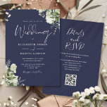 Navy Blue Greenery Floral QR Code Wedding Invitation<br><div class="desc">This elegant navy blue botanical greenery leaves wedding invitation can be personalized with your information in chic typography with your wedding website details and your QR code on the reverse. Designed by Thisisnotme©</div>