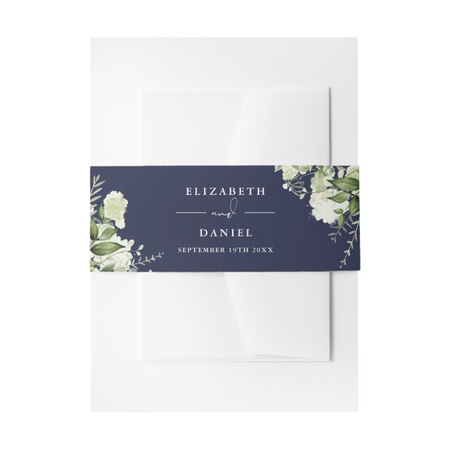 Navy Blue Greenery Floral Wedding Invitation Belly Band (Front Example)