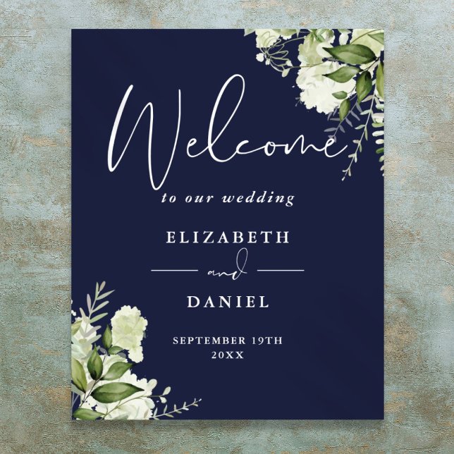 Navy Blue Greenery Floral Wedding Welcome Sign (Navy Blue Greenery Floral Wedding Welcome Sign)