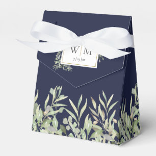 Navy Blue Greenery Foliage Monogram Wedding Favor Box