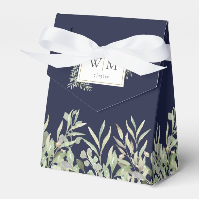 Navy Blue Greenery Foliage Monogram Wedding Favor Box (Front Side)