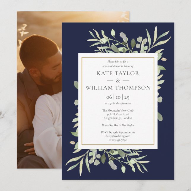 Navy Blue Greenery Foliage Photo Rehearsal Dinner Invitation (Front/Back)