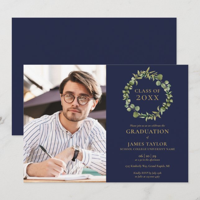 Navy Blue Greenery Garland Photo Graduation Party  Invitation (Front/Back)