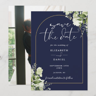 Navy Blue Greenery Gold Arch Photo Wedding Save The Date