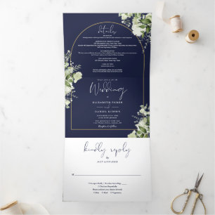 Navy Blue Greenery Gold Arch Photo Wedding Tri-Fold Invitation