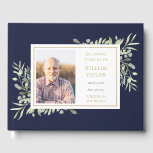 Navy Blue Greenery In Loving Memory Photo Funeral Guest Book