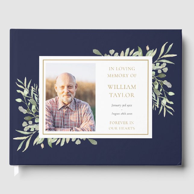 Navy Blue Greenery In Loving Memory Photo Funeral Guest Book (Front)