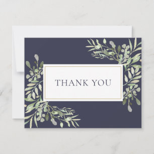 Navy Blue Greenery Leaves Business Thank You Card