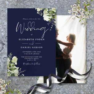 Navy Blue Greenery Leaves Elegant Photo Wedding Invitation