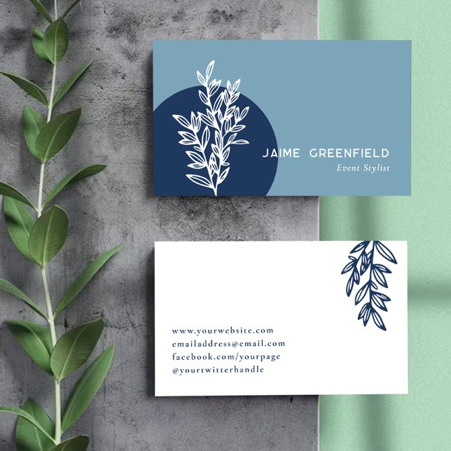 Navy & Blue Greenery Line Art Business Card (Creator Uploaded)