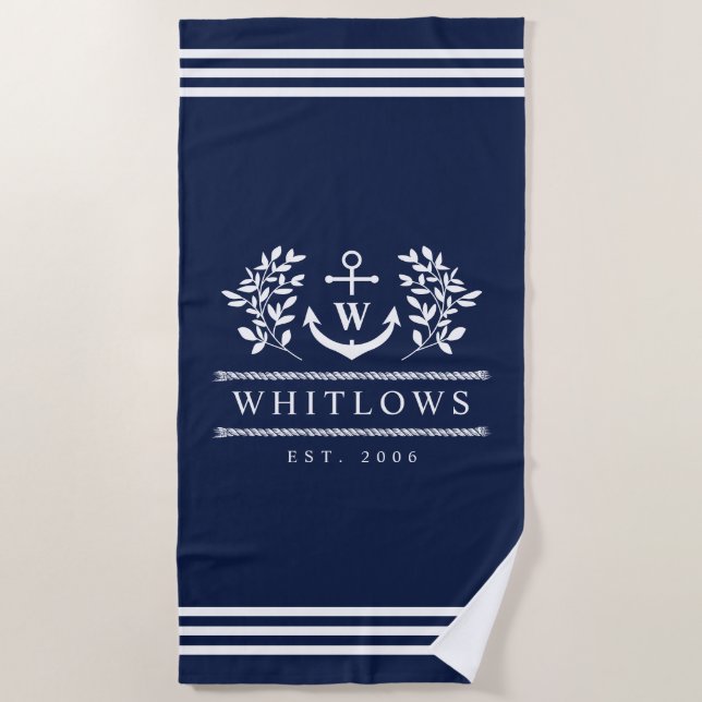 Navy Blue Greenery Nautical Monogram Lake House Beach Towel (Front)