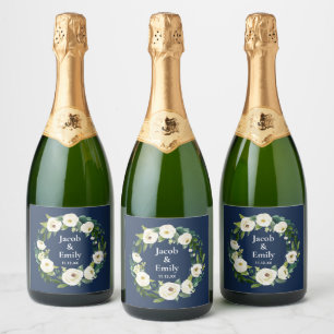 Navy Blue Greenery Personalized Names Date Wedding Sparkling Wine Label