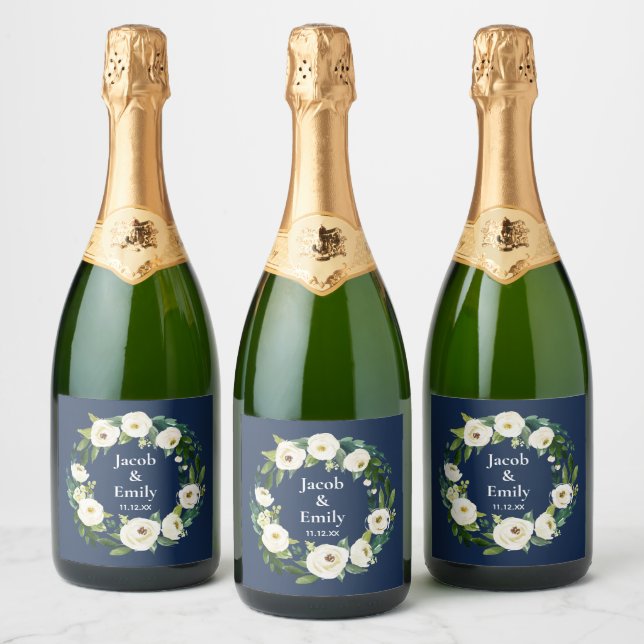 Navy Blue Greenery Personalized Names Date Wedding Sparkling Wine Label (Bottles)
