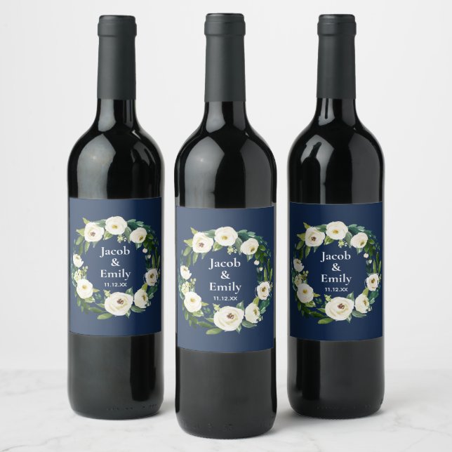 Navy Blue Greenery Personalized Names Date Wedding Wine Label (Bottles)