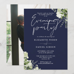 Navy Blue Greenery Photo Wedding Evening Party Invitation