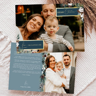 Navy Blue Greenery Vintage Family Newsletter Photo Foil Holiday Card