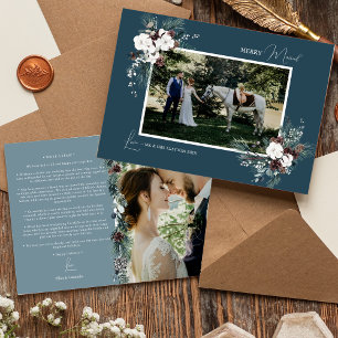 Navy Blue Greenery Vintage Merry Married Photo Holiday Card