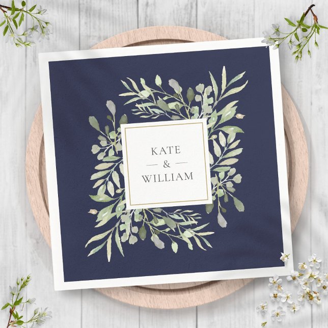 Navy Blue Greenery Watercolor  Wedding Napkin (Navy Blue Greenery Watercolor Wedding Napkins)